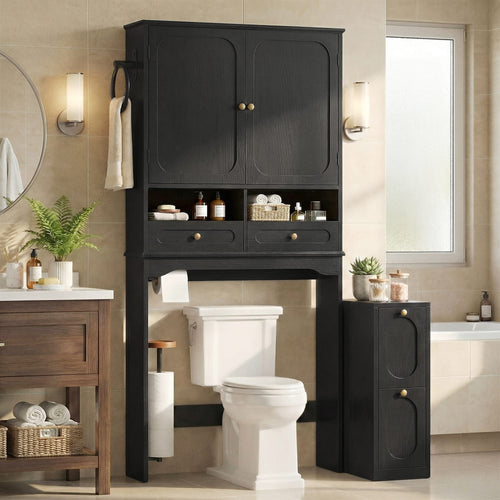 Sikaic Over The Toilet Storage Cabinet Over the Toilet Storage Cabinet with Mobile Cart and 4-Section Drawers Black Black / Engineered Wood / Modern