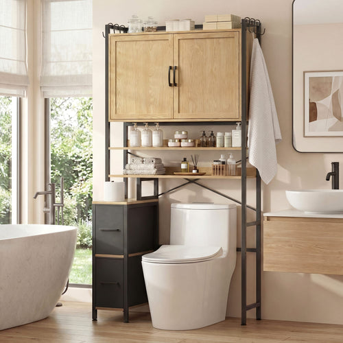 Sikaic Over The Toilet Storage Cabinet Over the Toilet Storage Cabinet with 2 Drawers and 6 Hooks Natural Natural / Engineered Wood / Modern