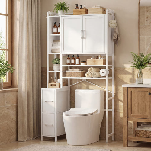 Sikaic Over The Toilet Storage Cabinet 7-Tier Over the Toilet Storage Cabinet with 2 Drawers White White / Engineered Wood / Modern
