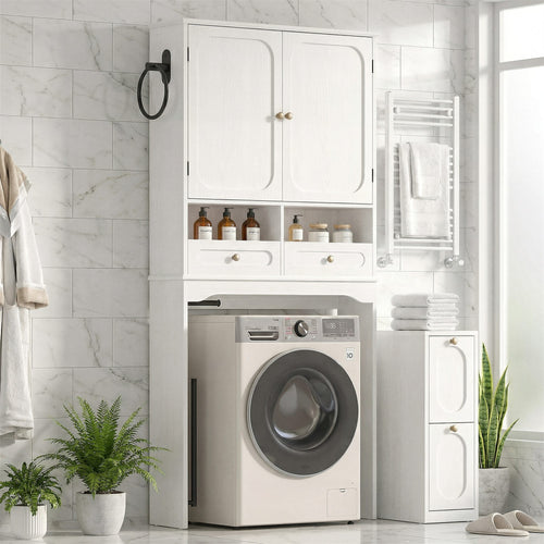 Sikaic Over The Toilet Storage Cabinet Over the Toilet Storage Cabinet with Mobile Cart and 4-Section Drawers White White / Engineered Wood / Modern