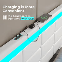 Sikaic PU Leather Platform Bed Frame with 4 Storage Drawers LED Lights Adjustable Headboard White