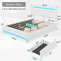Sikaic PU Leather Platform Bed Frame with 4 Storage Drawers LED Lights Adjustable Headboard White