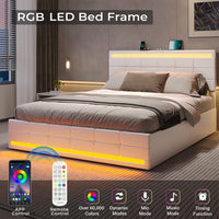 Sikaic PU Leather Platform Bed Frame with 4 Storage Drawers LED Lights Adjustable Headboard White