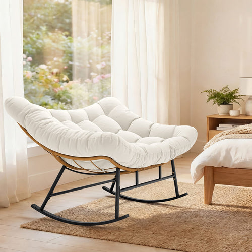 Sikaic Rocking Chair Double Outdoor Rattan Rocking Chair with Thick Cushion White White / Rattan / Modern