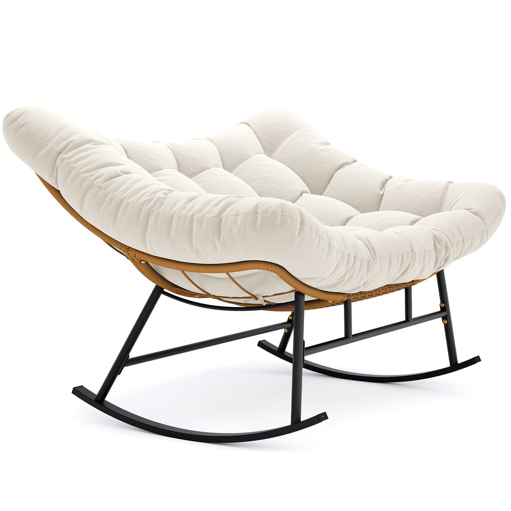 Sikaic Rocking Chair Double Outdoor Rattan Rocking Chair with Thick Cushion White White / Rattan / Modern