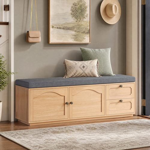 Sikaic Shoe Benches 59" Storage Bench with Drawer, 2-Tier Shoe Bench with Doors, Natural Natural / Engineered Wood / Classic