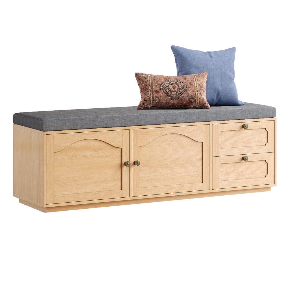 Sikaic Shoe Benches 59" Storage Bench with Drawer, 2-Tier Shoe Bench with Doors, Natural Natural / Engineered Wood / Classic