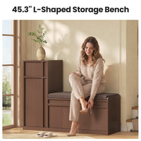 Sikaic Shoe Benches 45.3" L-Shaped Entryway Storage Bench with 3-Tier Adjustable Shelves & Bone-Line Handles Walnut Walnut / Engineered Wood / Modern