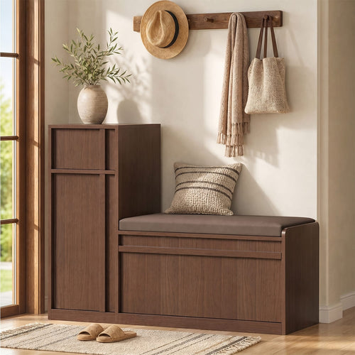 Sikaic Shoe Benches 45.3" L-Shaped Entryway Storage Bench with 3-Tier Adjustable Shelves & Bone-Line Handles Walnut Walnut / Engineered Wood / Modern