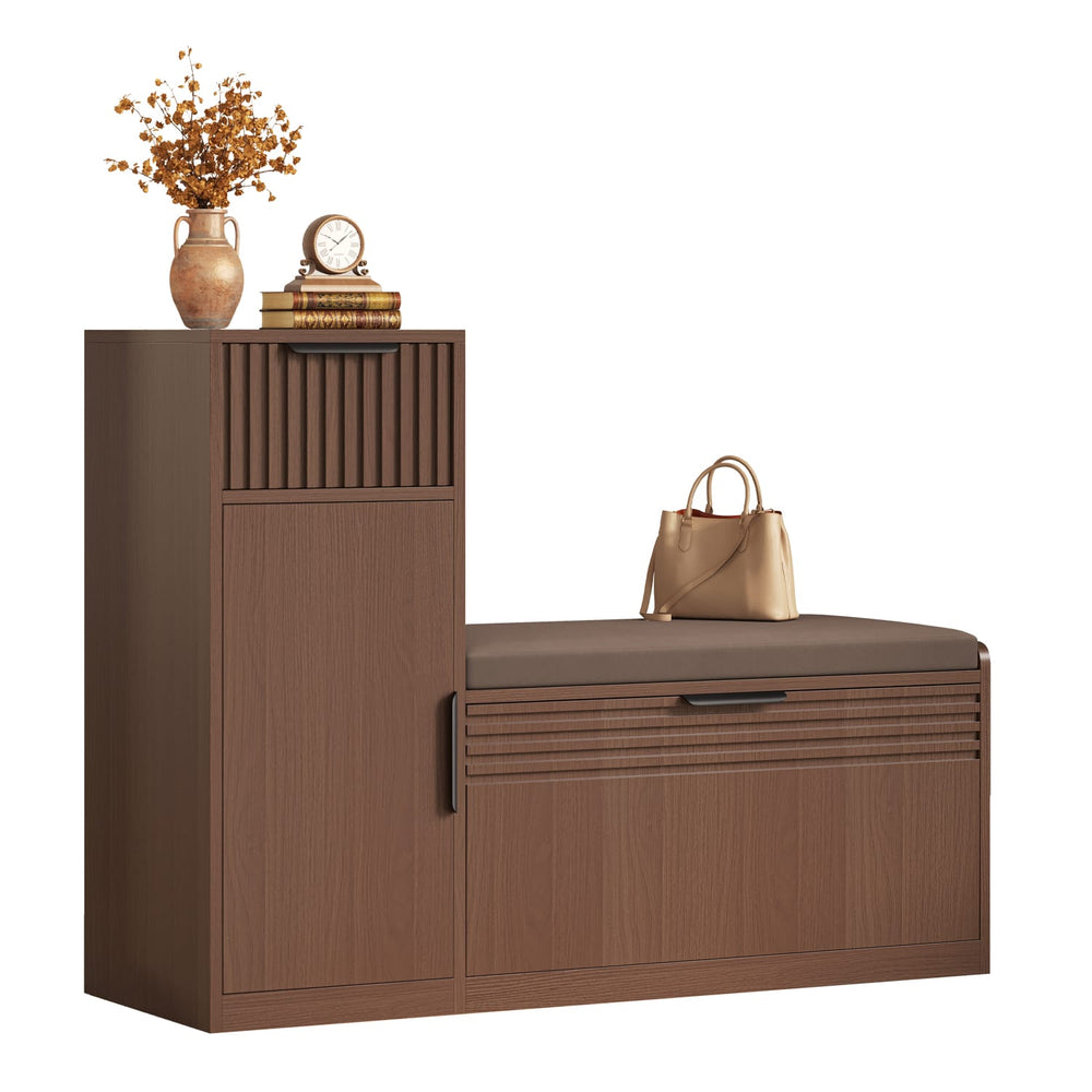 Sikaic Shoe Benches 45.3" L-Shaped Entryway Storage Bench with 3-Tier Adjustable Shelves Walnut Walnut / Engineered Wood / Modern