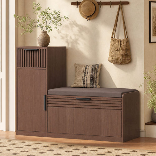 Sikaic Shoe Benches 45.3" L-Shaped Entryway Storage Bench with 3-Tier Adjustable Shelves Walnut Walnut / Engineered Wood / Modern