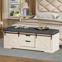 Sikaic Shoe Benches Shoe Benches with Cushion and Sliding Barn Doors White White / Engineered Wood / Farmhouse