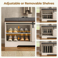 Sikaic Shoe Benches Shoe Benches with Cushion and Sliding Barn Doors White White / Engineered Wood / Farmhouse
