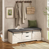 Sikaic Shoe Benches Shoe Benches with Cushion and Sliding Barn Doors White White / Engineered Wood / Farmhouse