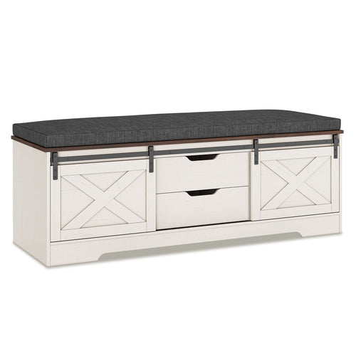 Sikaic Shoe Benches Shoe Benches with Cushion and Sliding Barn Doors White White / Engineered Wood / Farmhouse