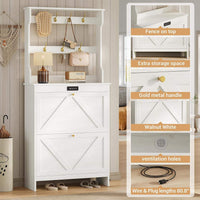 Sikaic Shoe Benches Deodorizing Shoe Benches with Coat Rack and 2 Flip Drawers Walnut White White / Engineered Wood / Size