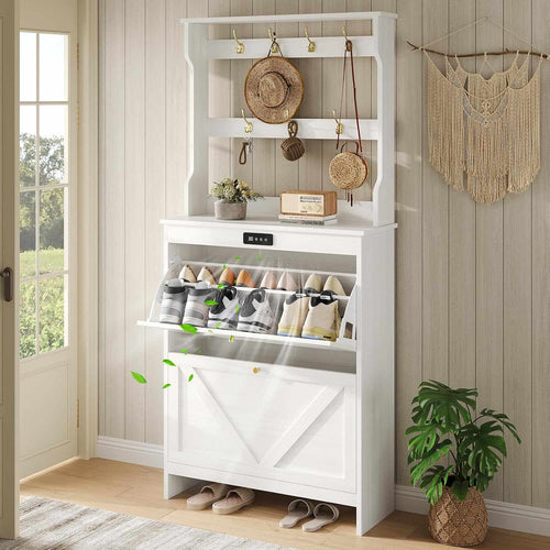 Sikaic Shoe Benches Deodorizing Shoe Benches with Coat Rack and 2 Flip Drawers Walnut White White / Engineered Wood / Size