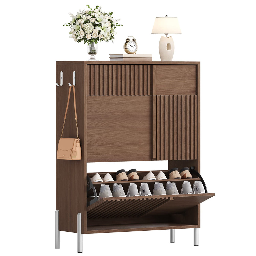 Sikaic Shoe Cabinet Shoe cabinet with two tilt-out drawers and a top drawer, Brown Brown / Engineered Wood / Mid-Century Modern