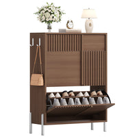 Sikaic Shoe Cabinet Shoe cabinet with two tilt-out drawers and a top drawer, Brown Brown / Engineered Wood / Mid-Century Modern