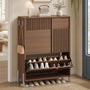 Sikaic Shoe Cabinet Shoe cabinet with two tilt-out drawers and a top drawer, Brown. Brown / Engineered Wood / Mid-Century Modern