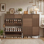 Sikaic Shoe Cabinet Shoe cabinet with two tilt-out drawers and a top drawer, Brown. Brown / Engineered Wood / Mid-Century Modern