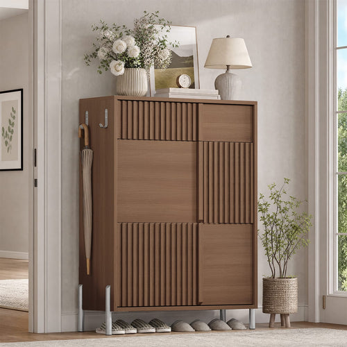 Sikaic Shoe Cabinet Shoe cabinet with two tilt-out drawers and a top drawer, Brown Brown / Engineered Wood / Mid-Century Modern
