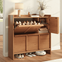 Sikaic Shoe Cabinet Sikaic 4-Door Ultra-Thin Shoe Cabinet with Adjustable Shelves and Flip Drawers Walnut Walnut / Engineered Wood / Modern