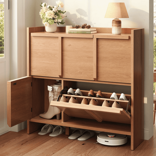 Sikaic Shoe Cabinet Sikaic 4-Door Ultra-Thin Shoe Cabinet with Adjustable Shelves and Flip Drawers Walnut Walnut / Engineered Wood / Modern