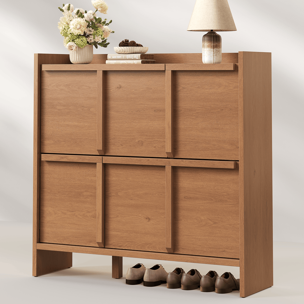 Sikaic Shoe Cabinet Sikaic 4-Door Ultra-Thin Shoe Cabinet with Adjustable Shelves and Flip Drawers Walnut Walnut / Engineered Wood / Modern