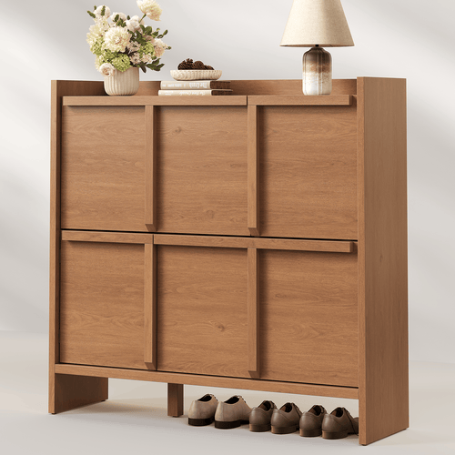 Sikaic Shoe Cabinet Sikaic 4-Door Ultra-Thin Shoe Cabinet with Adjustable Shelves and Flip Drawers Walnut Walnut / Engineered Wood / Modern
