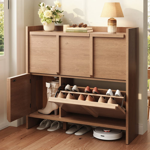Sikaic Shoe Cabinet Sikaic 4-Door Ultra-Thin Shoe Cabinet with Adjustable Shelves and Flip Drawers Walnut Walnut / Engineered Wood / Modern