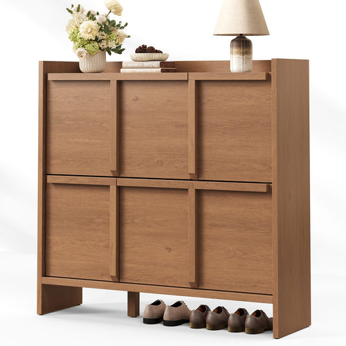 Sikaic Shoe Cabinet Sikaic 4-Door Ultra-Thin Shoe Cabinet with Adjustable Shelves and Flip Drawers Walnut Walnut / Engineered Wood / Modern