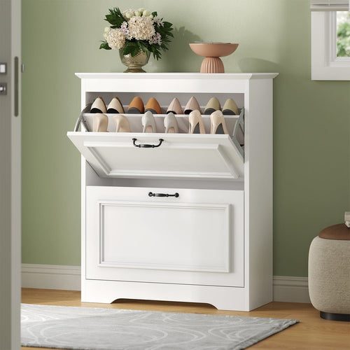 Sikaic Shoe Cabinet Shoe Cabinet with 2 Flip Drawers and Metal Flip Stand White White / Engineered Wood / Modern