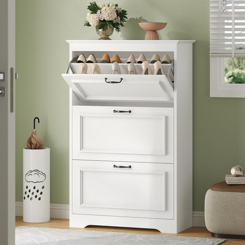 Sikaic Shoe Cabinet Shoe Cabinet with 3 Flip Drawers and Metal Flip Stand White White / Engineered Wood / Modern