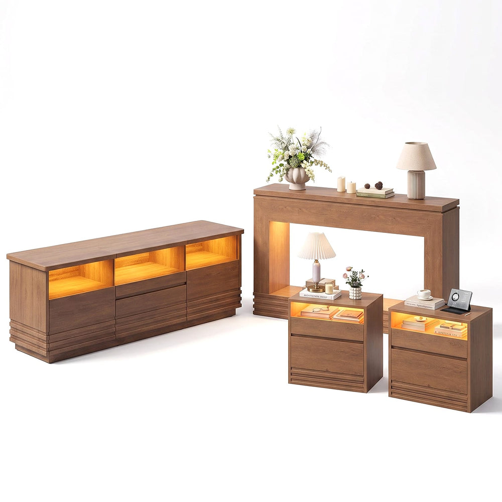 Sikaic Sikaic 4 Piece Furniture Set TV Stand 2 Nightstands Console Walnut