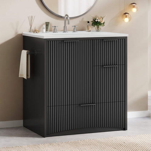 Sikaic Sink cabinet & vanity Fluted Bathroom Vanity 30 Inch with Sink and Towel Holder Black Black / Modern / Engineered Wood