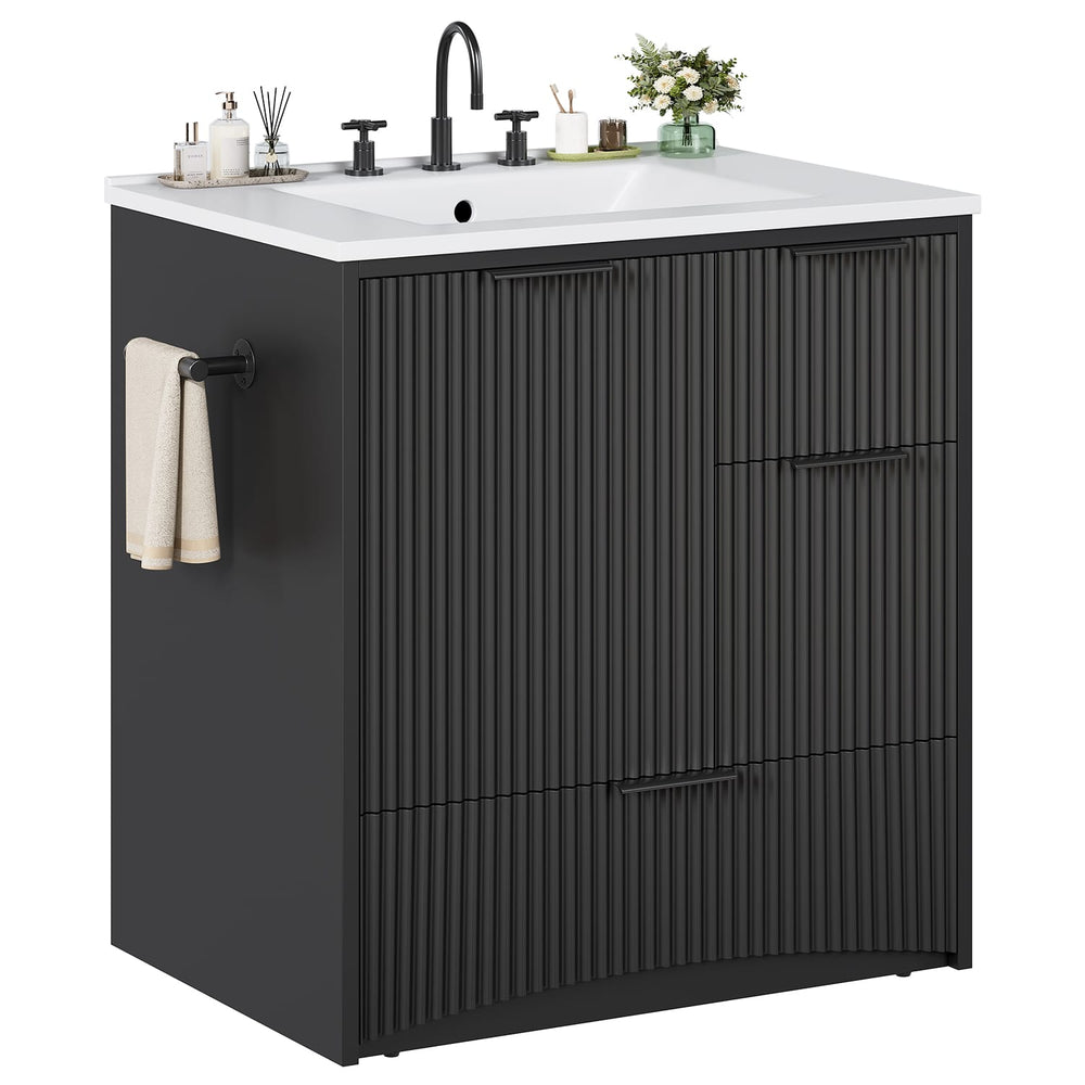 Sikaic Sink cabinet & vanity Fluted Bathroom Vanity 30 Inch with Sink and Towel Holder Black Black / Modern / Engineered Wood
