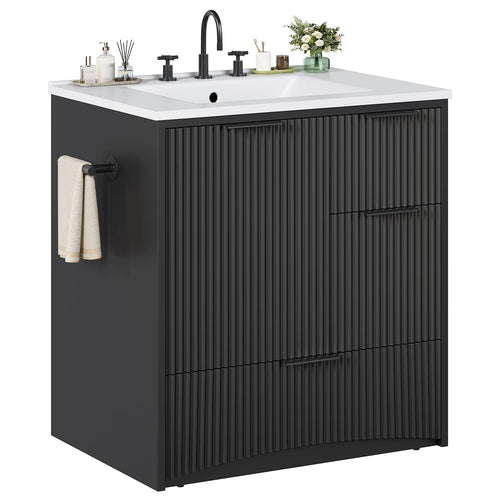 Sikaic Sink cabinet & vanity Fluted Bathroom Vanity 30 Inch with Sink and Towel Holder Black Black / Modern / Engineered Wood