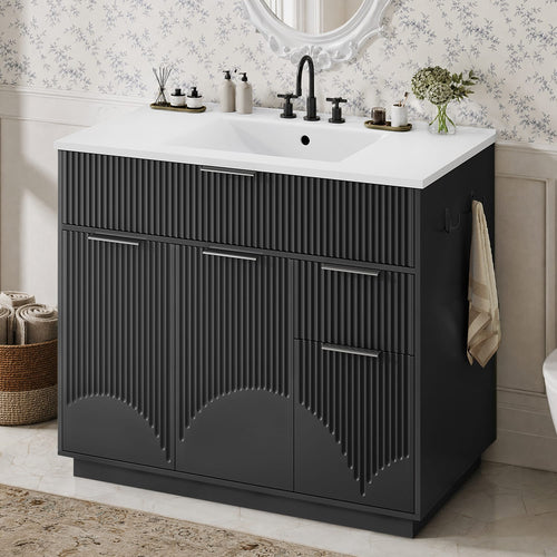 Sikaic Sink cabinet & vanity Fluted Bathroom Vanity 36 Inch with Sink and Towel Holder Black Black / Modern / Engineered Wood