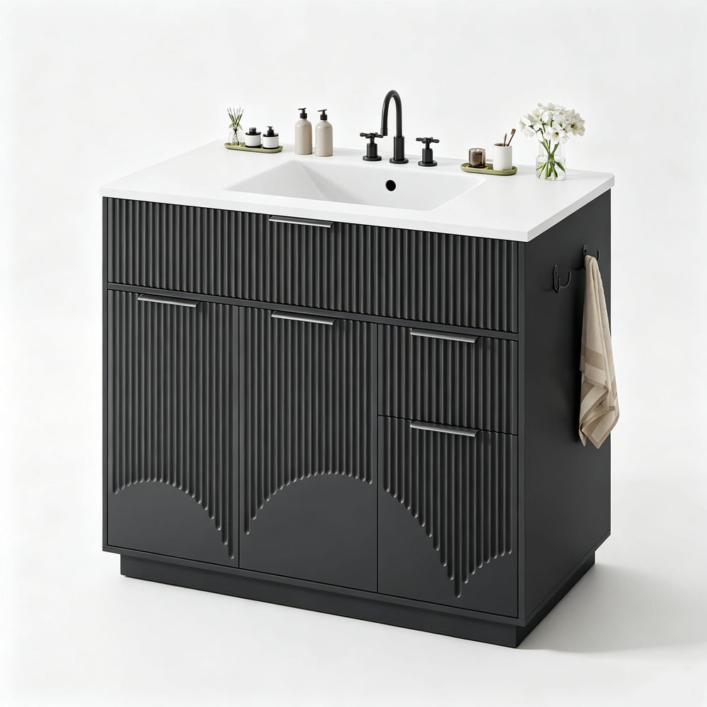 Sikaic Sink cabinet & vanity Fluted Bathroom Vanity 36 Inch with Sink and Towel Holder Black Black / Modern / Engineered Wood
