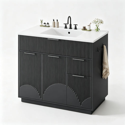 Sikaic Sink cabinet & vanity Fluted Bathroom Vanity 36 Inch with Sink and Towel Holder Black Black / Modern / Engineered Wood