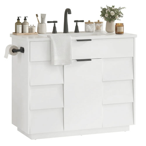 Sikaic Sink cabinet & vanity 37 inch Bathroom Vanity with Sink & 5-Drawer Storage White White / Engineered Wood / Modern