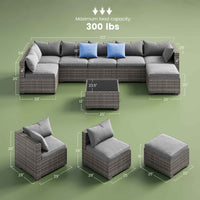 Sikaic Sofa 8PCS 7 Person Rattan Outdoor Sectional Sofa Seating Group Storage Table Set Blue Grey Blue Grey / Metal / Modern