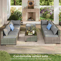 Sikaic Sofa 8PCS 7 Person Rattan Outdoor Sectional Sofa Seating Group Storage Table Set Blue Grey Blue Grey / Metal / Modern