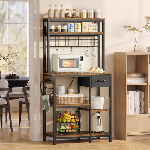 Sikaic Storage Cabinet 30" Kitchen Small Bakers Rack with Power Outlet & LED Light Rustic Brown Rustic Brown / Rustic / Engineered Wood & Steel