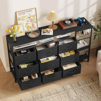 Sikaic TV Stands 60 Inches LED TV Stand with Charging Station and 9 PU & Fabric Drawers Black Black / Engineered Wood / Modern