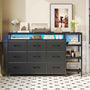 Sikaic TV Stands 60 Inches LED TV Stand with Charging Station and 9 PU & Fabric Drawers Black Black / Engineered Wood / Modern