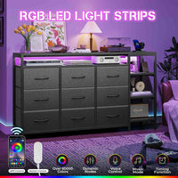 Sikaic TV Stands 60 Inches LED TV Stand with Charging Station and 9 PU & Fabric Drawers Black Black / Engineered Wood / Modern