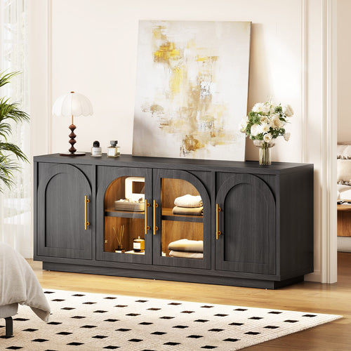 Sikaic TV Stands Sikaic Arched TV Stand with Glass Doors & LED Lighting Matte Black Black / Engineered Wood / Modern