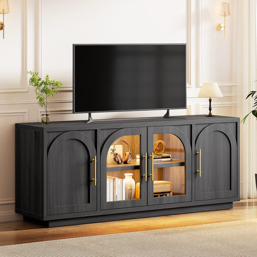 Sikaic TV Stands Sikaic Arched TV Stand with Glass Doors & LED Lighting Matte Black Black / Engineered Wood / Modern